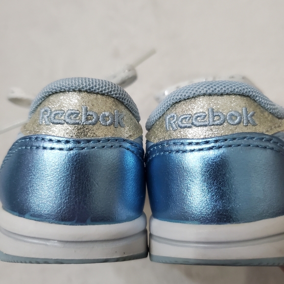 Reebok White & Metallic Blue Sneakers Baby Toddler Girls Size 4 Shoes - Picture 6 of 9